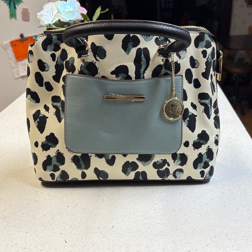 Anne Klein Leopard Print Satchel with Black and Blue Accents